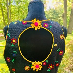 🎉HP Vintage Floral Daisy Asian Frog Knot Button Black Yellow Knit 80s 90s Dress